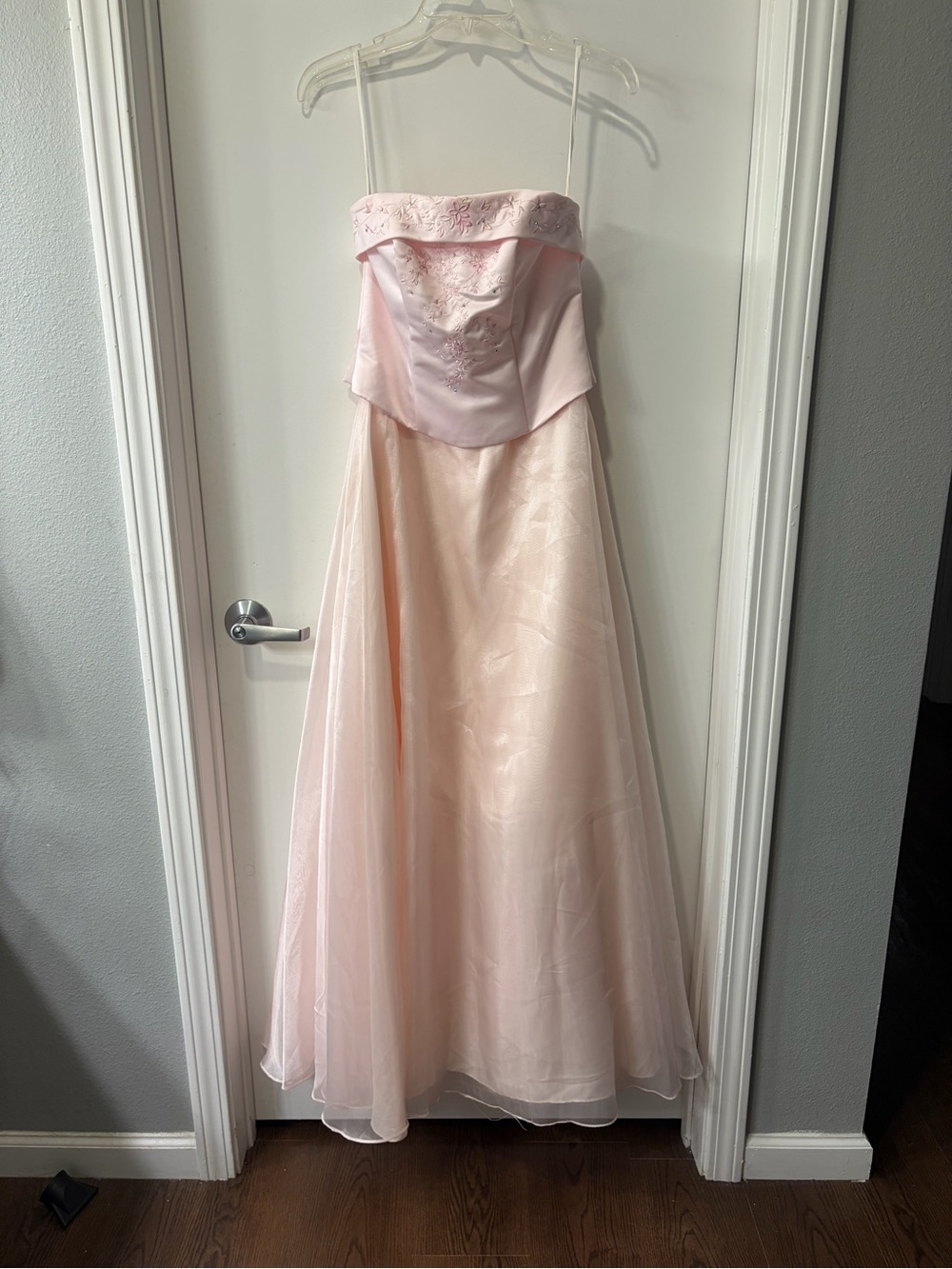 POLY USA Strapless Pink Formal Gown with Embroidered Bodice